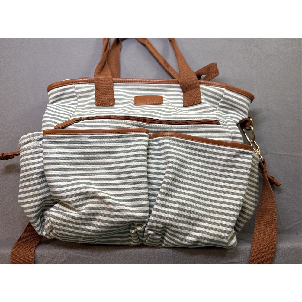 Plambag Gray Striped Diaper Bag Crossbody & Double Handles , Changing Mat